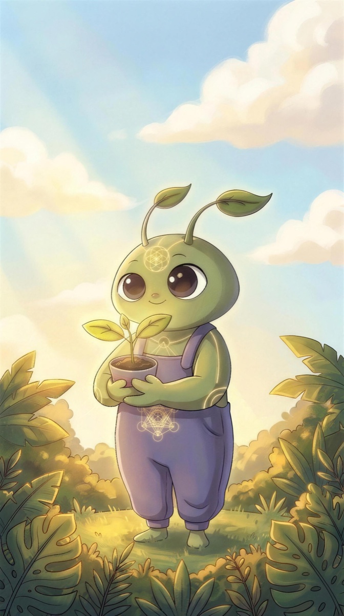 Galen, the Galactic Garden alien botanist, a small green being with leaf antennae and purple overalls, holding a potted sprout in a sunny garden.